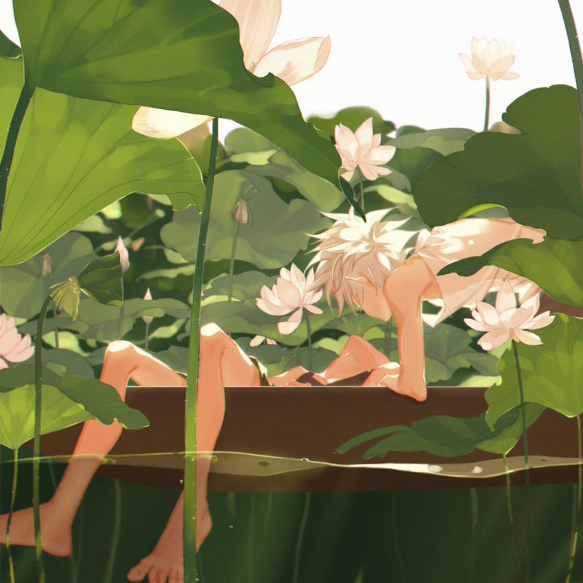 2boys air_bubble ayesangayesang bare_arms bare_shoulders barefoot boat bubble dappled_sunlight day facing_another flower gon_freecss highres hunter_x_hunter killua_zoldyck leaf leaning_forward lotus_pod lying male_focus multiple_boys nature on_back outdoors shorts sleeveless soaking_feet sunlight tank_top up_sleeve water water_lily_flower watercraft white_background white_flower white_hair white_tank_top