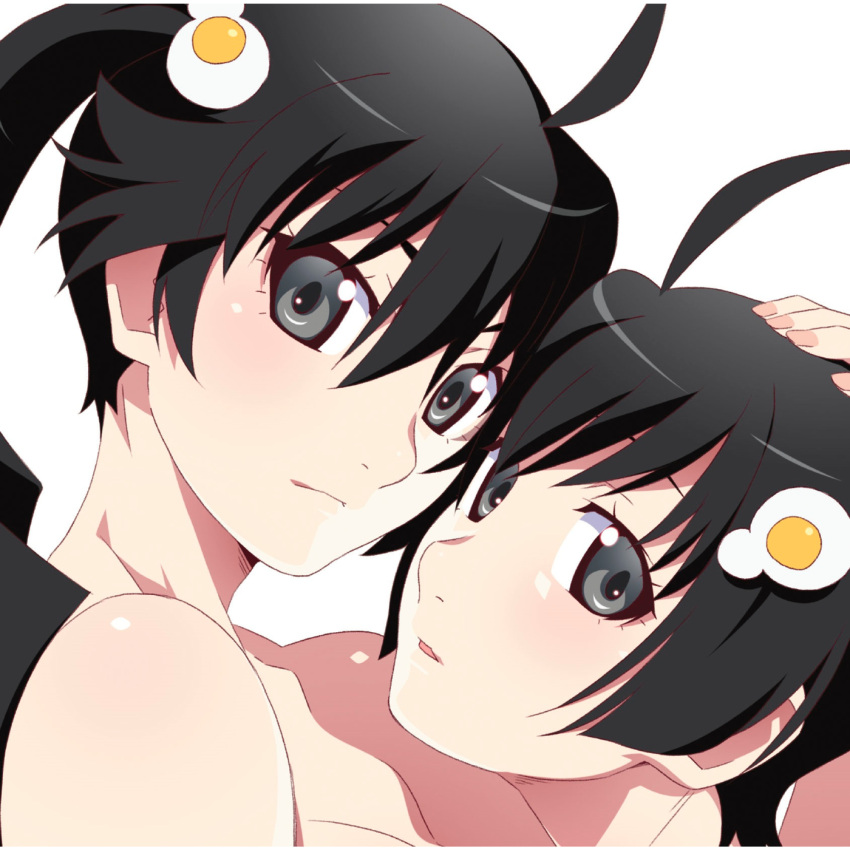 2girls ahoge album_cover araragi_karen araragi_tsukihi black_hair blush close-up closed_mouth cover egg_hair_ornament eyelashes food-themed_hair_ornament grey_eyes hair_ornament hand_on_another's_head highres long_hair looking_at_viewer looking_to_the_side monogatari_(series) multiple_girls nisemonogatari official_art open_mouth pink_nails ponytail portrait shadow shiny shiny_hair short_hair siblings sidelocks simple_background sisters topless watanabe_akio white_background