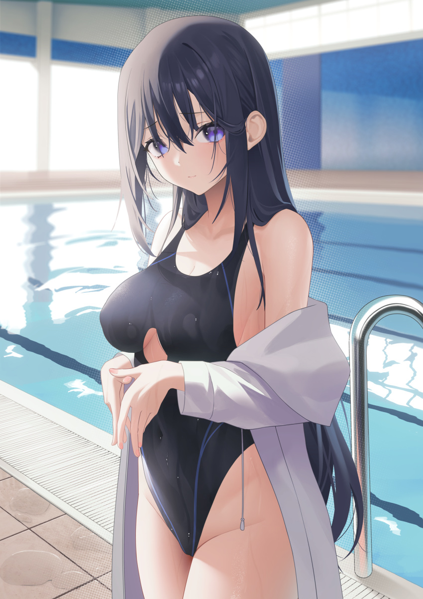 1girl aya_(lezon) bare_shoulders black_hair black_swimsuit breasts clothing_cutout competition_swimsuit covered_navel covered_nipples cowboy_shot frown highleg highleg_swimsuit highres impossible_clothes impossible_swimsuit jacket long_hair looking_at_viewer medium_breasts off_shoulder one-piece_swimsuit open_clothes open_jacket original own_hands_together pool purple_eyes solo standing steepled_fingers swimsuit thighs underboob_cutout very_long_hair wet wet_clothes wet_swimsuit white_jacket