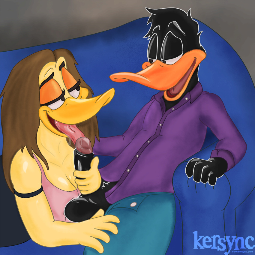 anthro black_body bodily_fluids clothed clothing daffy_duck duo fellatio female foreskin genitals hi_res kersync licking looney_tunes male male/female oral partially_clothed partially_retracted_foreskin penile penis penis_lick saliva saliva_on_penis saliva_on_tongue sex the_looney_tunes_show tina_russo tongue tongue_out warner_brothers yellow_body