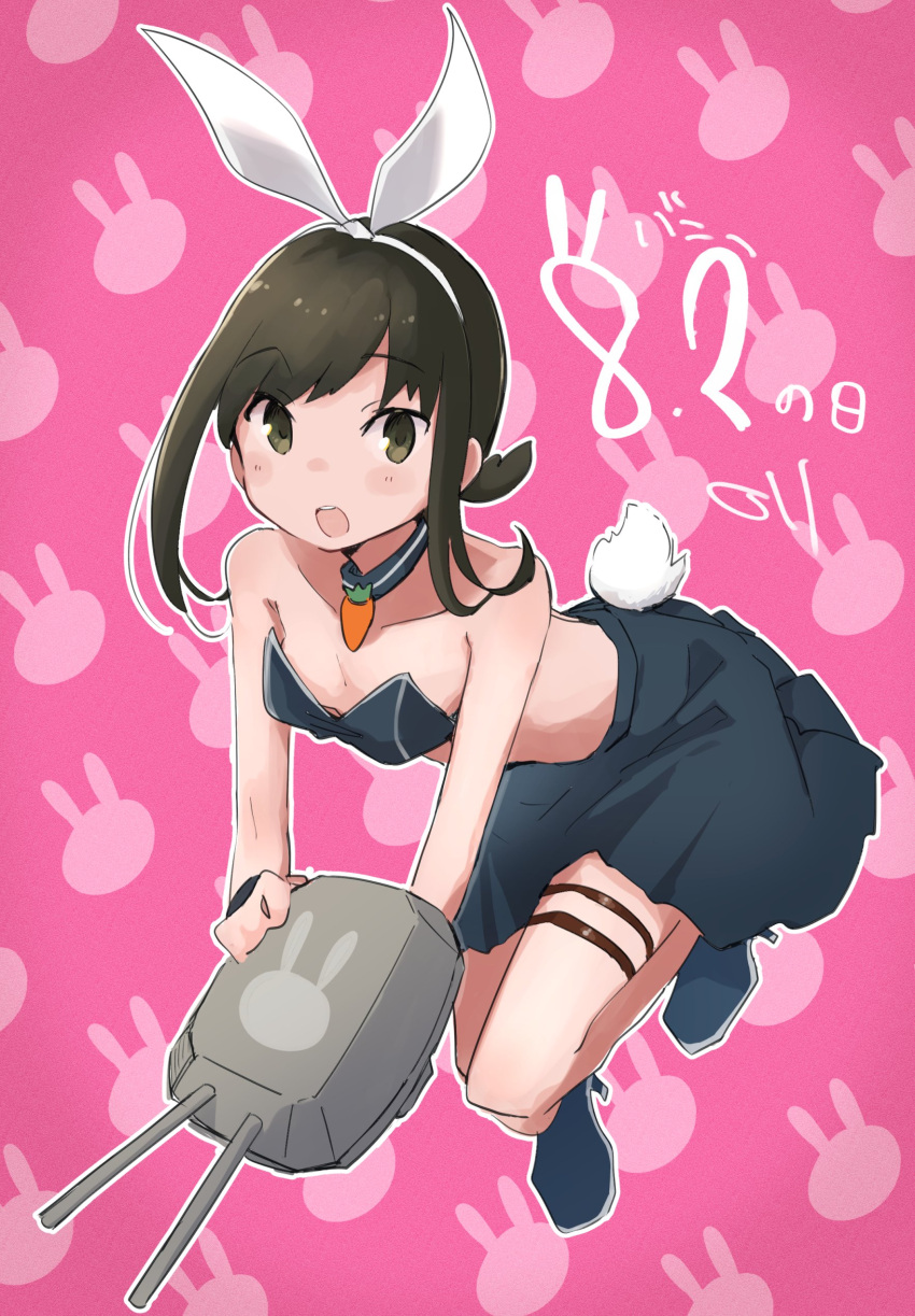 1girl absurdres adapted_turret animal_ears black_eyes black_hair blue_footwear blue_skirt bra breasts bunny_day cannon detached_collar fubuki_(kancolle) full_body highres kantai_collection long_hair looking_at_viewer low_ponytail ma_rukan ponytail rabbit_ears rabbit_tail short_ponytail sidelocks skirt small_breasts solo strapless strapless_bra tail turret underwear