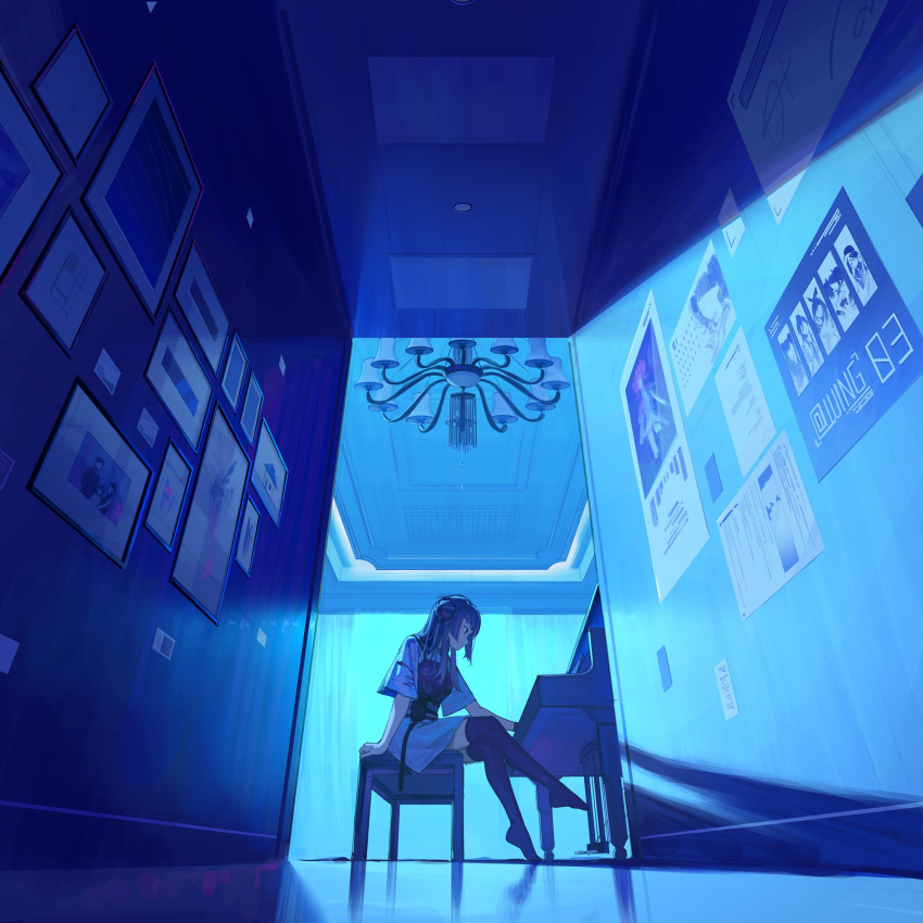 1girl arm_at_side arm_support bangs bare_arms black_hair black_thighhighs blue_theme calendar_(object) ceiling chandelier dress from_below from_side hair_bun hallway highres idolmaster idolmaster_shiny_colors indoors instrument long_hair looking_away music no_shoes outstretched_arm photo_(object) piano_bench picture_frame plantar_flexion playing_instrument playing_piano poster_(object) profile purple_hair purple_thighhighs reflective_floor short_sleeves sidelocks single_side_bun sitting solo tanaka_mamimi thighhighs white_dress zettai_ryouiki zhili_xingzou