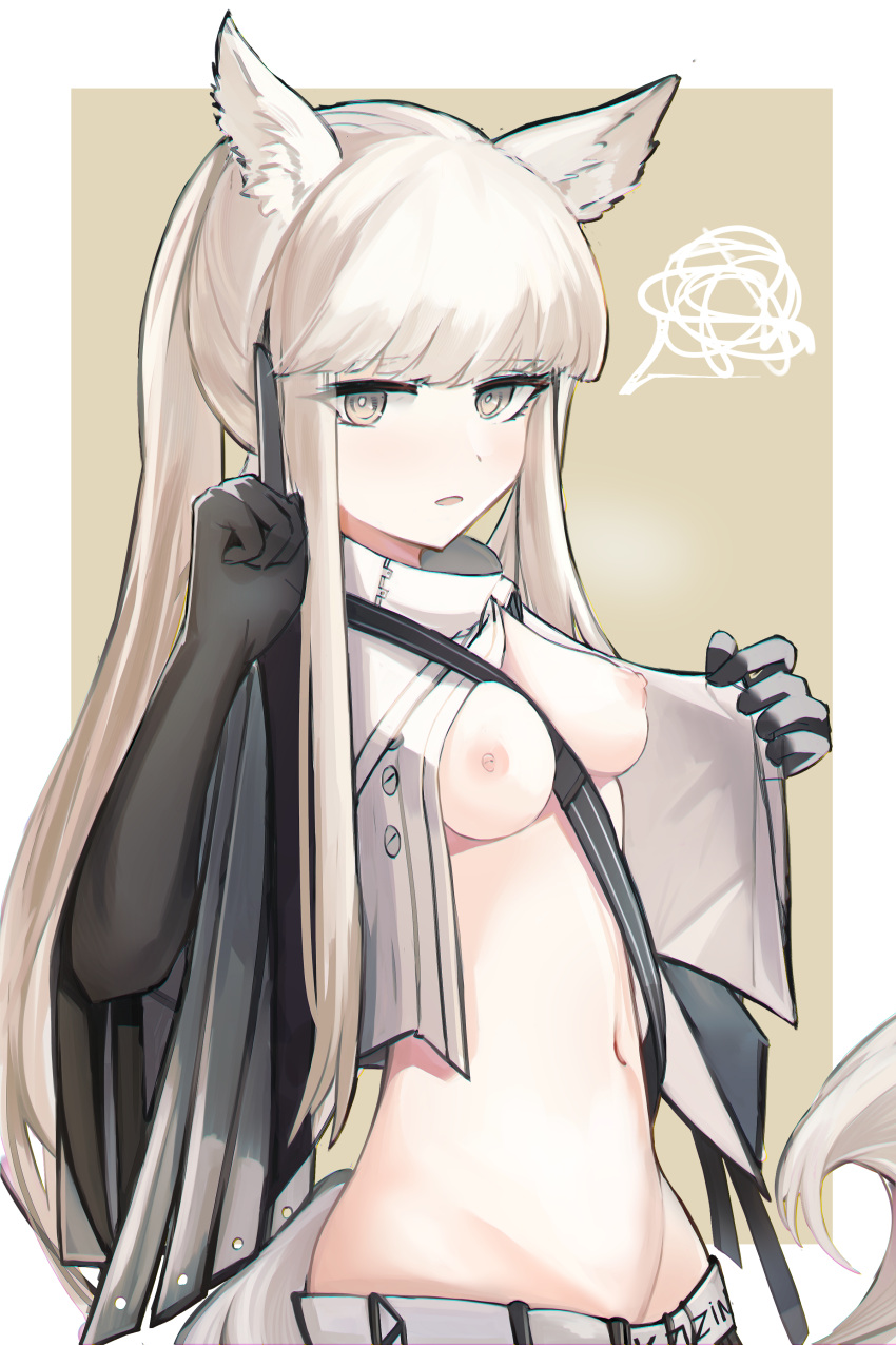 1girl absurdres animal_ears arknights between_breasts black_gloves breasts breasts_out chest_strap elbow_gloves gloves groin highres horse_ears horse_girl horse_tail index_finger_raised jacket long_hair looking_at_viewer medium_breasts mizuhashi_parusui navel nipples no_shirt open_clothes open_jacket parted_lips platinum_(arknights) ponytail sidelocks simple_background solo squiggle stomach tail upper_body white_hair white_jacket yellow_eyes