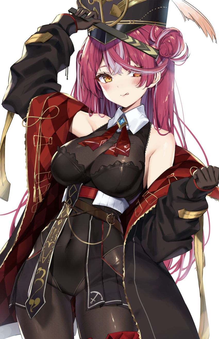 1girl :p black_jacket black_leotard breasts brown_gloves cowboy_shot gloves hat heterochromia highres hololive houshou_marine jacket large_breasts leotard long_sleeves masyu_jyaga multicolored_hair off_shoulder open_clothes open_jacket pantyhose peaked_cap puffy_long_sleeves puffy_sleeves red_eyes red_hair simple_background solo standing streaked_hair tongue tongue_out virtual_youtuber white_background white_hair yellow_eyes