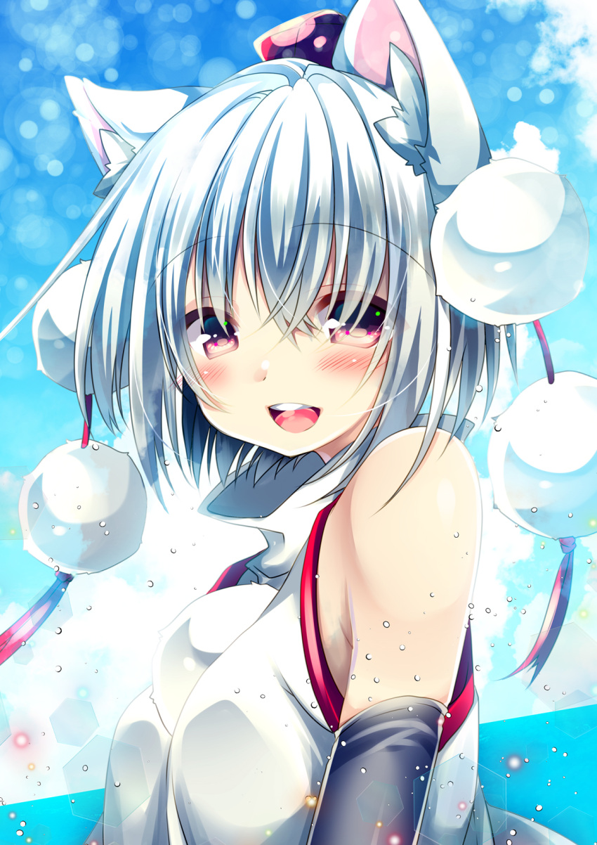 1girl :d animal_ears bangs bare_shoulders black_sleeves blue_sky cloud cloudy_sky detached_sleeves highres hikanyan inubashiri_momiji looking_at_viewer open_mouth outdoors pom_pom_(clothes) red_eyes shirt short_hair sky sleeveless sleeveless_shirt smile solo touhou white_hair white_shirt wolf_ears wolf_girl