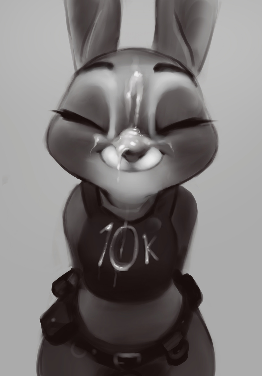 2022 absurd_res anthro bodily_fluids clothed clothing cum cum_on_face digital_media_(artwork) disney eyelashes eyes_closed female fluid_on_breasts fur genital_fluids grey_body grey_fur hands_behind_back hi_res judy_hopps lagomorph leporid mammal milestone monochrome police_uniform qupostuv35 rabbit simple_background smile solo topwear uniform zootopia