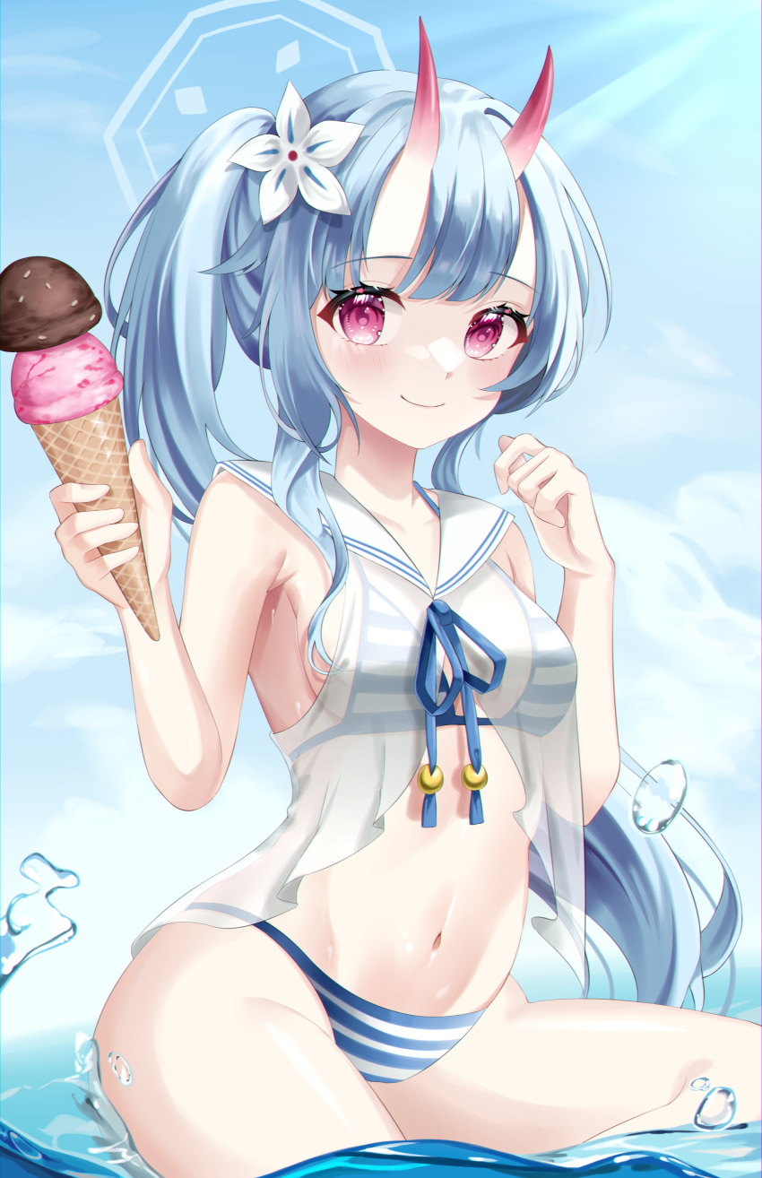 1girl absurdres armpit_crease bare_arms bare_shoulders bikini blue_archive blue_bikini blue_hair breasts center_opening chise_(blue_archive) chise_(swimsuit)_(blue_archive) closed_mouth flower food hair_flower hair_ornament halterneck hands_up highres holding horns ice_cream kaho_oco long_hair looking_at_viewer medium_breasts navel oni_horns pink_eyes ponytail sailor_collar sailor_shirt see-through shirt sleeveless sleeveless_shirt smile solo stomach string_bikini striped striped_bikini swimsuit thighs very_long_hair water wet white_shirt