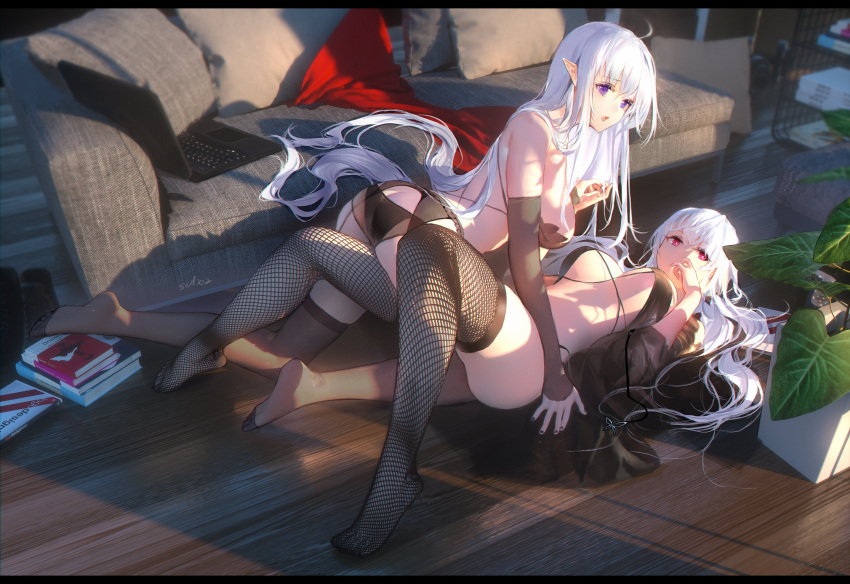2girls bangs bare_shoulders black_panties black_thighhighs breasts computer couch detached_sleeves fishnet_thighhighs fishnets highres indoors laptop large_breasts long_hair long_sleeves lying multiple_girls on_back open_mouth original panties plant pointy_ears purple_eyes swd3e2 thighhighs thighs underwear white_hair
