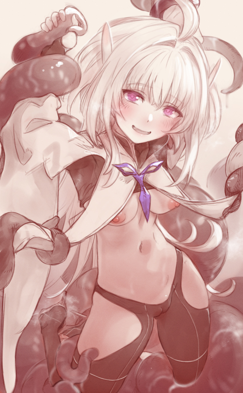 1girl absurdres ahoge bangs breasts cameltoe clothes_lift fate/grand_order fate/prototype fate_(series) fingerless_gloves gloves greyscale highres long_hair long_sleeves looking_at_viewer medium_breasts merlin_(fate/prototype) monochrome navel nipples nurami_(shouji) open_mouth pants purple_eyes restrained robe smile spot_color tentacles thighs very_long_hair wide_sleeves