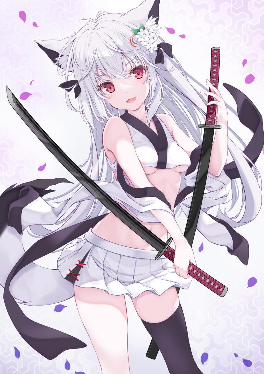 1girl :d animal_ears bare_shoulders black_thighhighs breasts crop_top detached_sleeves dual_wielding flower fox_ears fox_girl fox_tail hair_flower hair_ornament highres holding holding_sword holding_weapon katana long_hair looking_at_viewer medium_breasts midriff miniskirt navel open_mouth original pleated_skirt red_eyes reverse_grip sheath sheathed shirt single_thighhigh skirt sleeveless sleeveless_shirt smile solo stomach sword tail tenmu_shinryuusai thighhighs thighs underboob very_long_hair weapon white_hair white_shirt white_skirt wide_sleeves