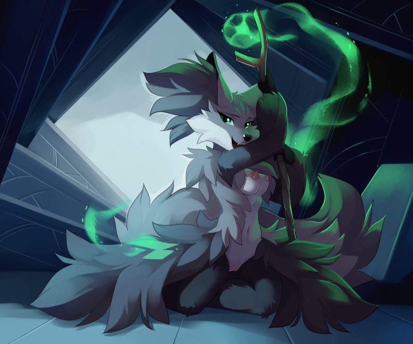 absurd_res anthro areola breasts delphox detailed_background dream_weaver_pony female flare_the_delphox fluffy fluffy_tail fur genitals green_eyes grey_body grey_fur hi_res magic markings nintendo nipples pok&eacute;mon pok&eacute;mon_(species) pussy slit smile solo video_games white_body white_fur