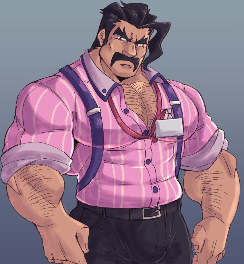 1boy absurdres arm_hair bara black_hair brown_eyes character_request chest_hair collared_shirt facial_hair feet_out_of_frame hairy highres juggermelon large_pectorals leather leather_belt long_sideburns looking_at_viewer male_focus manly mature_male muscular muscular_male mustache pants partially_unbuttoned pectoral_cleavage pectorals pokemon pokemon_(game) pokemon_sv shirt short_hair sideburns simple_background solo thick_arms thick_eyebrows tight v-neck