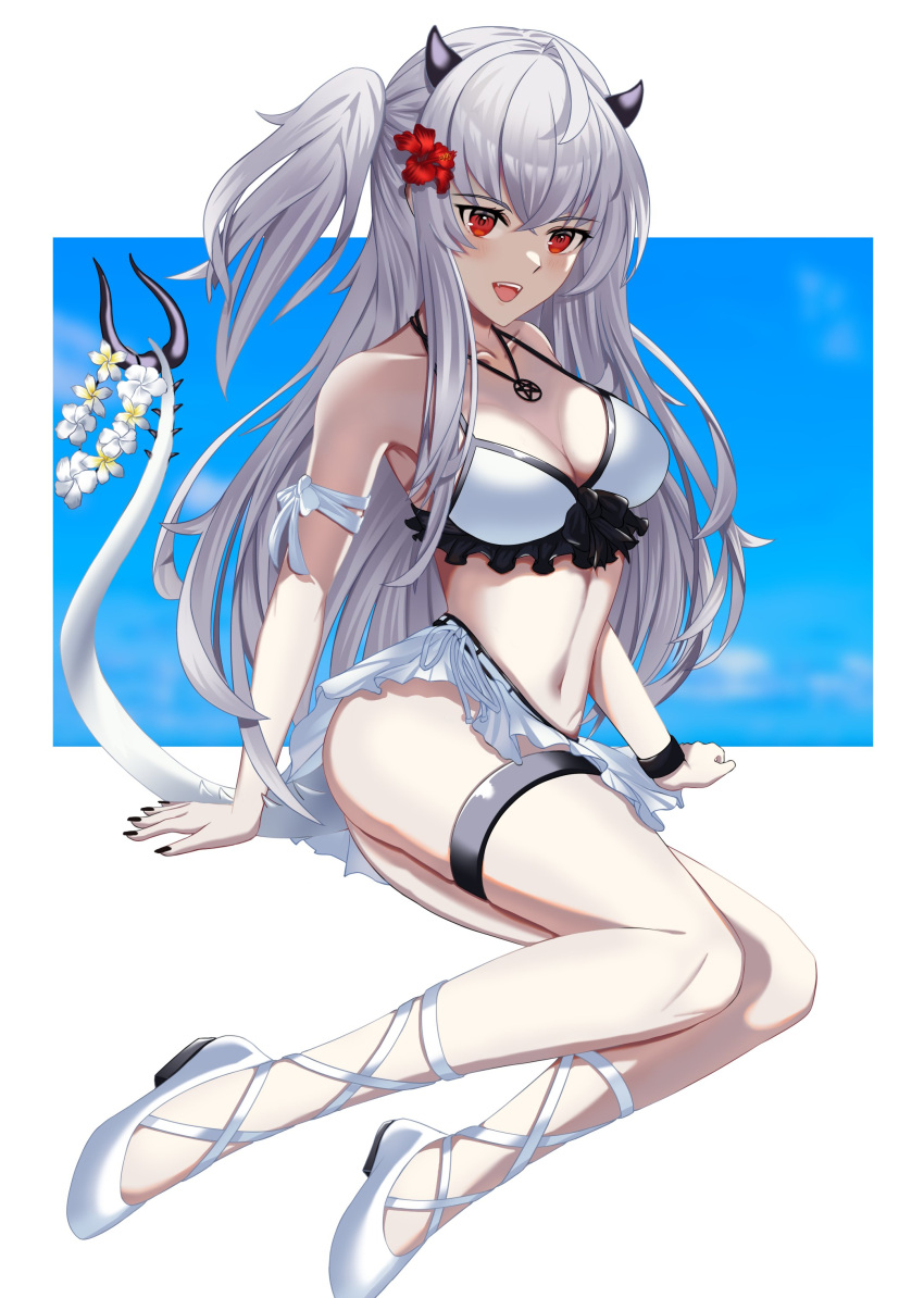 1girl absurdres alternate_costume bikini_skirt black_nails breasts cleavage demon_girl demon_horns demon_tail flower grey_hair hair_flower hair_ornament highres horns indie_virtual_youtuber jewelry long_hair lucy_pyre medium_breasts nail_polish navel necklace philipssavant red_eyes skirt swimsuit swimsuit_skirt tail thigh_strap thighs twintails
