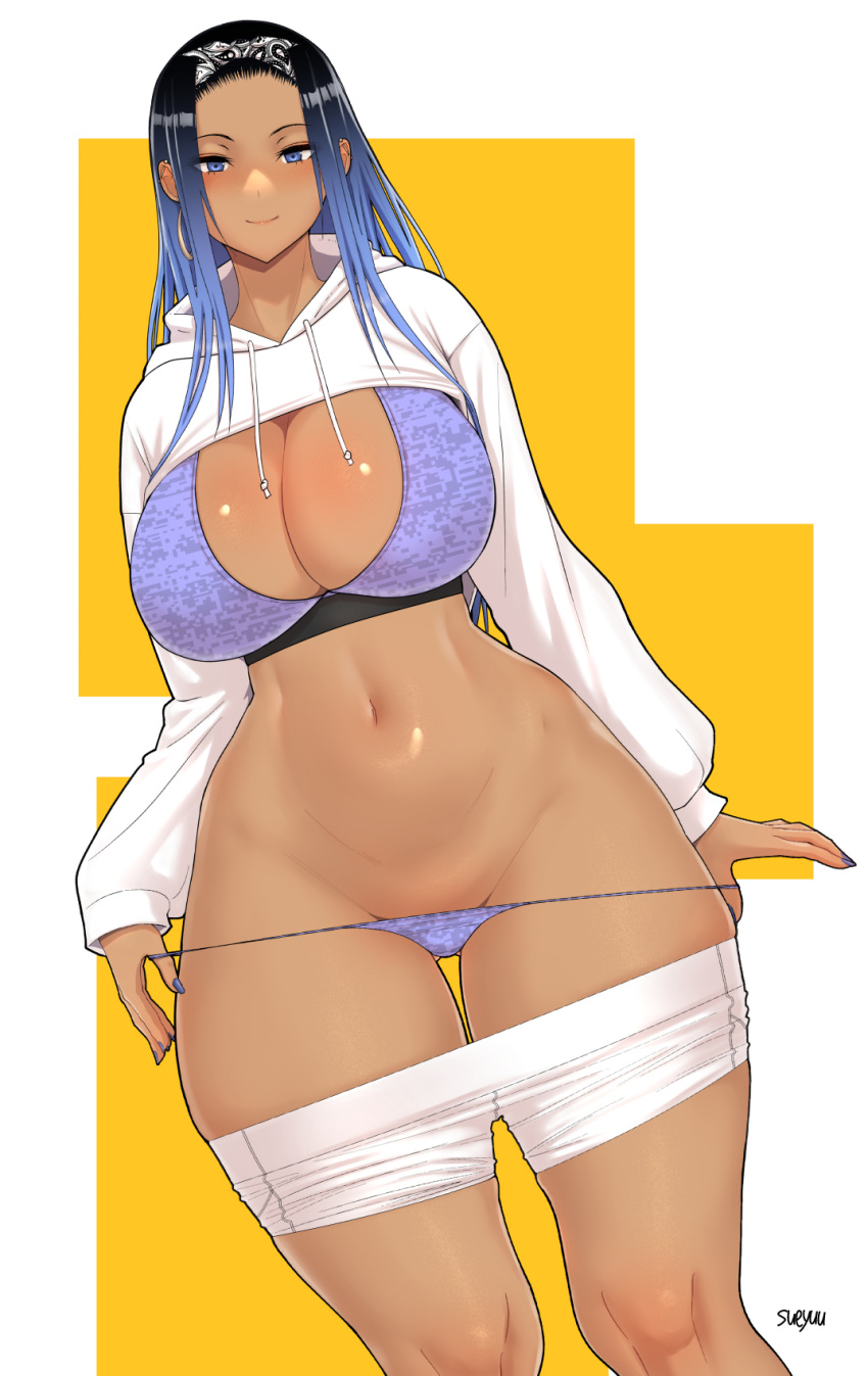 1girl artist_name barbell_piercing black_hair blue_eyes blue_hair blue_nails blue_panties blue_sports_bra breasts cleavage clothes_pull cropped_hoodie curvy dark-skinned_female dark_skin ear_piercing earrings forehead gradient_hair gyaru headband highres hood hoodie jewelry large_breasts long_hair looking_at_viewer multicolored_hair nail_polish navel original panties panty_pull piercing pulled_by_self short_shorts shorts shorts_pull single_earring smile solo sports_bra sueyuu thick_thighs thighs underwear white_hoodie white_shorts wide_hips