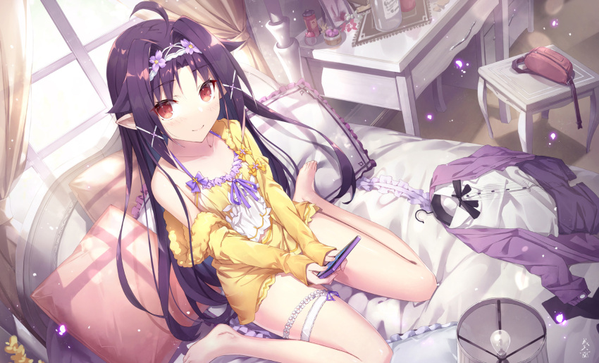 1girl ahoge bag bangs bed chair curtains desk flower gabiran hair_flower hair_ornament hairband highres holding indoors jacket jacket_removed lamp light_bulb long_hair looking_at_viewer neck_ribbon off_shoulder on_bed pillow pointy_ears purple_hair red_eyes ribbon ribbon_removed shiny shiny_hair shirt shirt_removed single_bare_shoulder sitting smile solo sword_art_online wariza white_shirt window yuuki_(sao)