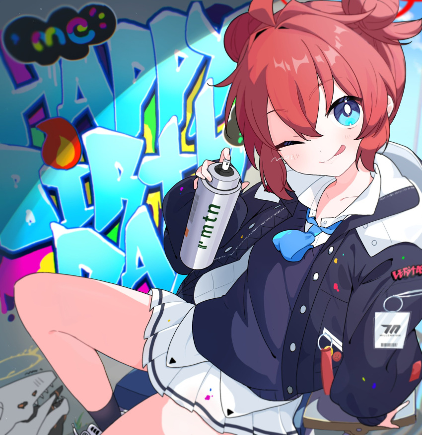 1girl ;q ahoge arm_up bangs black_socks blue_archive blue_eyes blue_necktie collared_shirt double_bun graffiti hair_bun halo happy_birthday highres holding hood hood_down hooded_jacket jacket light_blush long_sleeves looking_at_viewer maki_(blue_archive) nari necktie one_eye_closed paint_on_clothes pleated_skirt puffy_sleeves red_hair shirt short_hair sidelocks skirt smile socks solo spray_can spray_paint sweater_vest tongue tongue_out