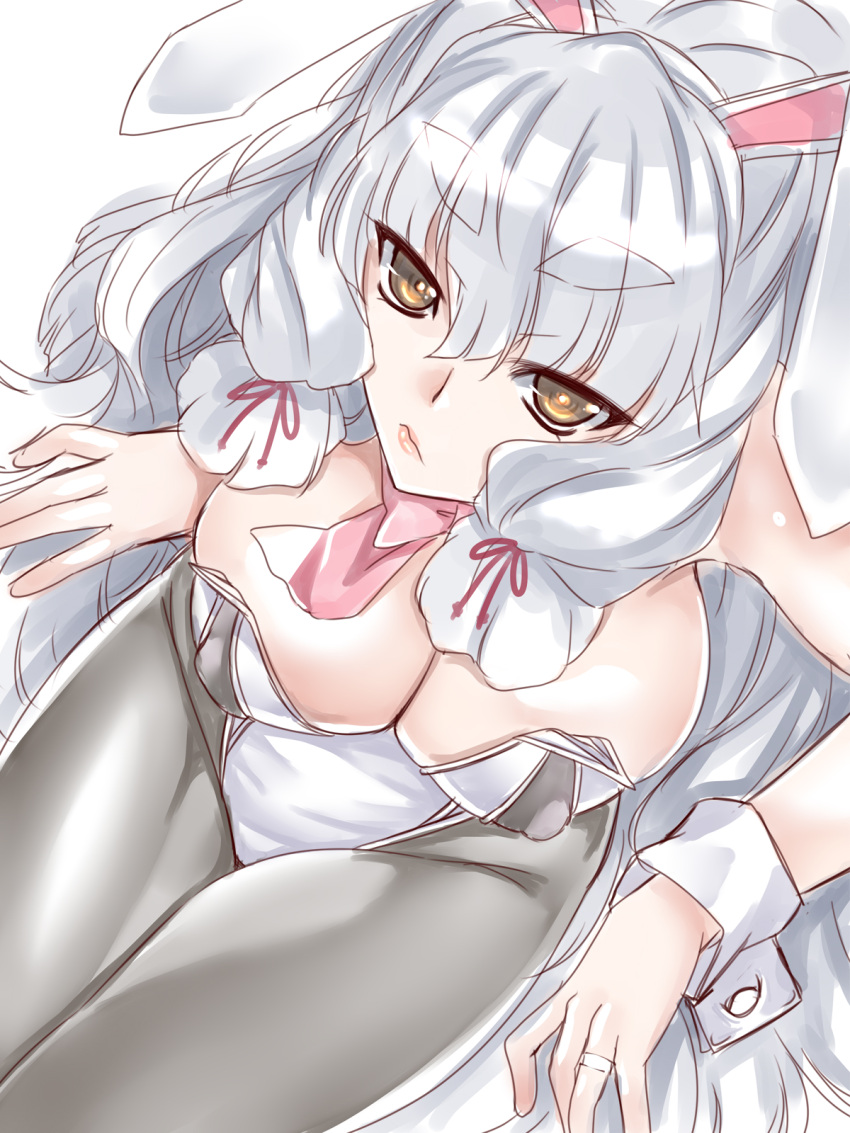 1girl adapted_costume alternate_breast_size breasts bunny_day cleavage covered_nipples grey_hair hakkai highres jewelry kantai_collection large_breasts lips long_hair murakumo_(kancolle) murakumo_kai_ni_(kancolle) older orange_eyes pantyhose ring solo thick_eyebrows very_long_hair wedding_band wrist_cuffs