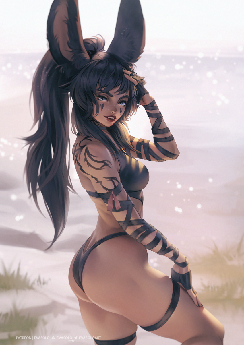 1girl animal_ears ass avatar_(ff14) back_tattoo beach bikini black_bikini black_hair blue_eyes breasts commission cowboy_shot english_commentary eva_solo facepaint fangs final_fantasy final_fantasy_xiv from_side hand_on_own_head hand_on_own_thigh highres long_hair looking_at_viewer looking_to_the_side medium_breasts ocean open_mouth pinup_(style) ponytail rabbit_ears rabbit_girl realistic red_lips solo swimsuit tattoo teeth thigh_strap thighs upper_teeth viera