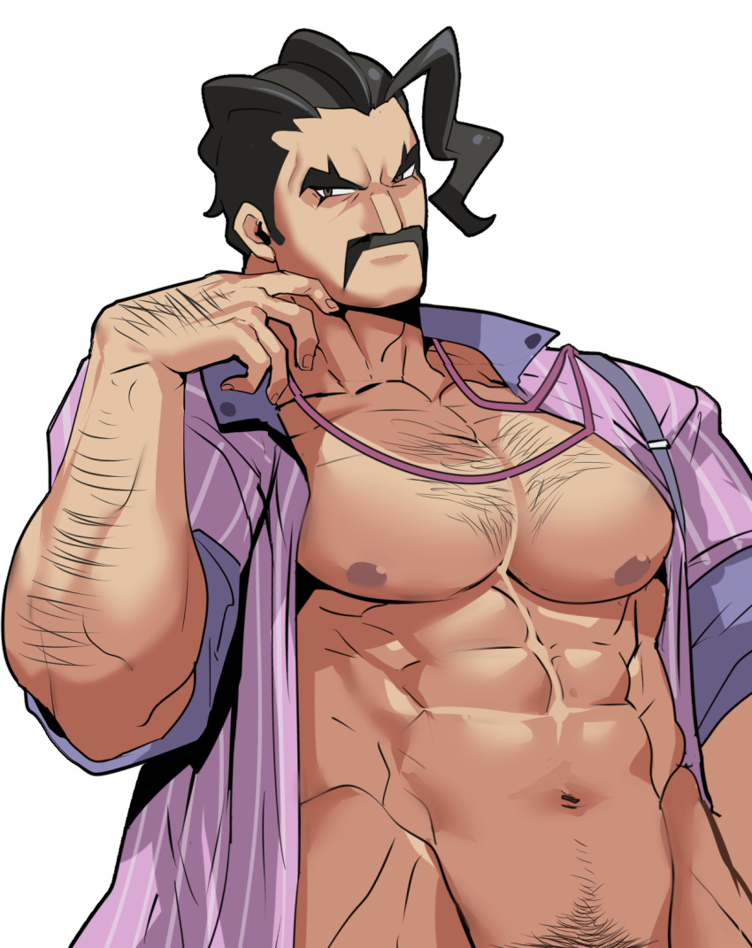 1boy abs arm_hair bara brown_eyes character_request chest_hair collared_shirt facial_hair feet_out_of_frame hairy highres large_pectorals looking_at_viewer male_focus manly mature_male muscular muscular_male mustache navel navel_hair nipples open_clothes open_shirt pectorals pokemon pokemon_(game) pokemon_sv rybiok shirt short_hair simple_background solo thick_eyebrows upper_body white_background