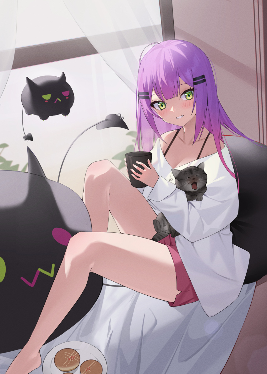 1girl bangs bare_legs bibi_(tokoyami_towa) blunt_bangs blush bra_strap cup demon_tail food green_eyes grin hair_ornament hairclip highres holding holding_cup hololive jmao knees_up kotaro_(tokoyami_towa) long_hair long_sleeves piercing purple_hair red_shorts shirt shorts sitting smile solo tail tail_ornament tail_piercing tokoyami_towa virtual_youtuber white_shirt