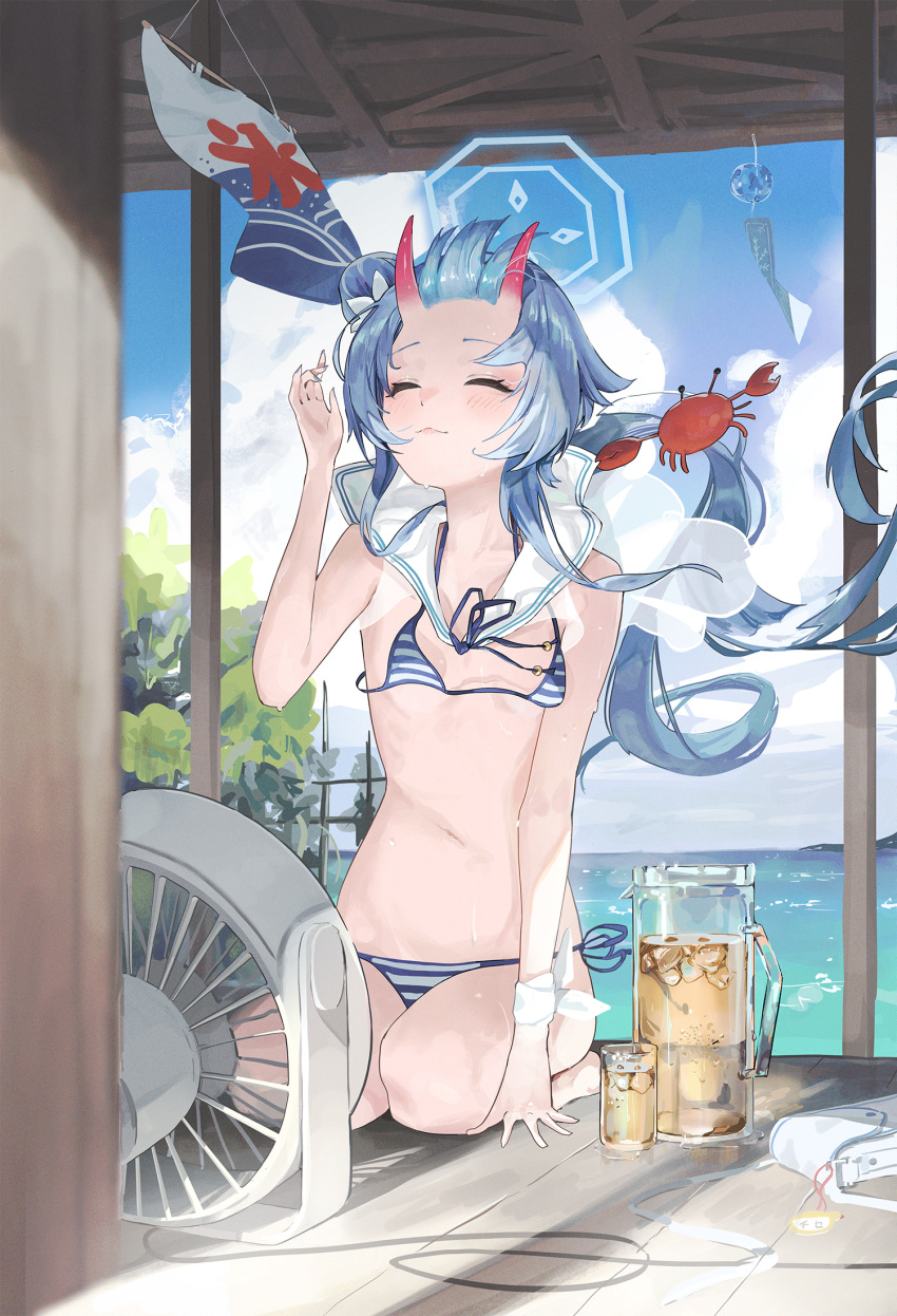 1girl bag bag_removed bikini black_ribbon blue_archive blue_hair blue_halo chise_(swimsuit)_(blue_archive) closed_eyes closed_mouth cloud commentary_request crab day electric_fan hand_up highres horns lemonade light_blush long_hair neck_ribbon ocean oni_horns red_horns ribbon sailor_collar seiza serie_niai shoulder_bag sitting solo striped striped_bikini sweat swimsuit tree very_long_hair white_sailor_collar wind_chime