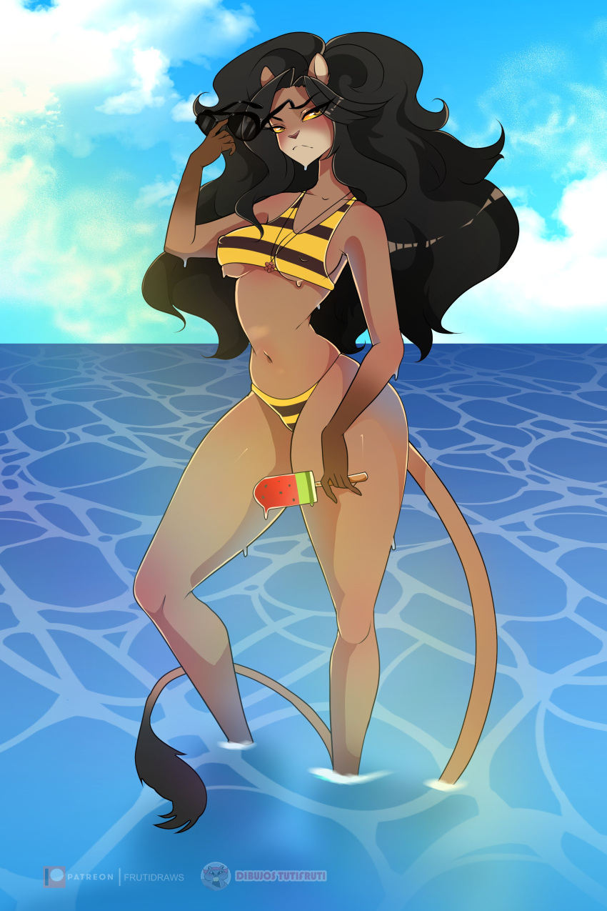 absurd_res anthro bikini black_hair brown_body clothing felid female food hair hi_res lion mammal nipple_outline pantherine popsicle solo standing swimwear tutifruti_(artist) water