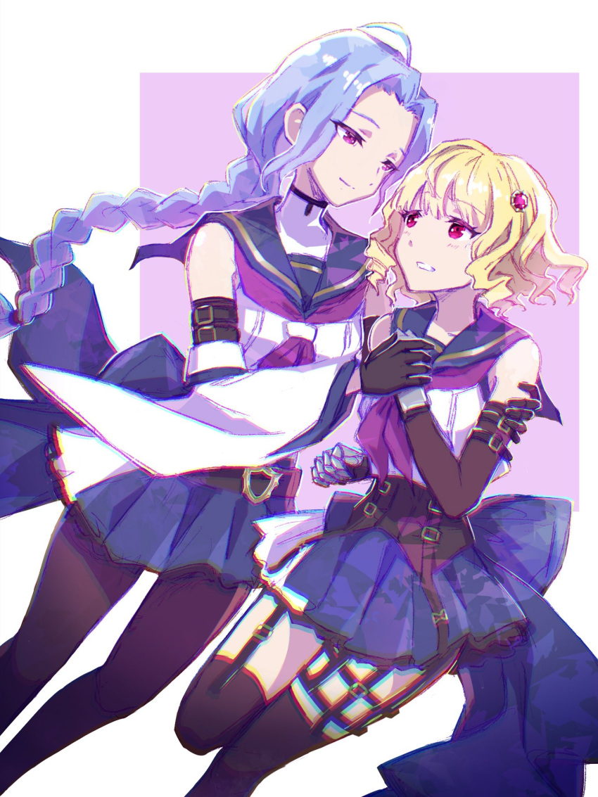 2girls ahoge arm_around_shoulder arm_belt assault_lily back_bow bangs bare_shoulders belt belt_buckle black_belt black_gloves black_pantyhose black_thighhighs blonde_hair blue_hair blue_sailor_collar blue_skirt bow braid braided_ponytail buckle chromatic_aberration closed_mouth commentary_request corset crop_top detached_sleeves drill_hair dutch_angle eye_contact feet_out_of_frame floating_hair gauntlets gloves hair_ornament hand_on_another's_arm hand_on_own_chest hand_up highres holding_hands igusa_subaru imamura_yukari_(assault_lily) leg_up light_blush long_hair long_sleeves looking_at_another miniskirt multiple_girls neckerchief nekomint pantyhose parted_bangs parted_lips pleated_skirt purple_background purple_eyes purple_neckerchief red_eyes sailor_collar school_uniform serafuku shirt short_hair side-by-side single_braid skirt sleeveless sleeveless_shirt smile standing standing_on_one_leg thigh_belt thigh_strap thighhighs twin_drills two-tone_background very_long_hair waist_cape white_background white_shirt wide_sleeves yuri
