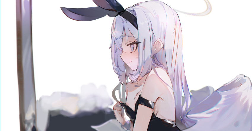 1girl animal_ears azusa_(blue_archive) bare_shoulders black_hairband black_leotard blue_archive blush closed_mouth collarbone commentary_request fake_animal_ears feathered_wings grey_hair hairband halo hand_up highres leotard long_hair nose_blush playboy_bunny profile rabbit_ears solo strapless strapless_leotard sweat tota_(sizukurubiks) upper_body very_long_hair white_wings wings wrist_cuffs