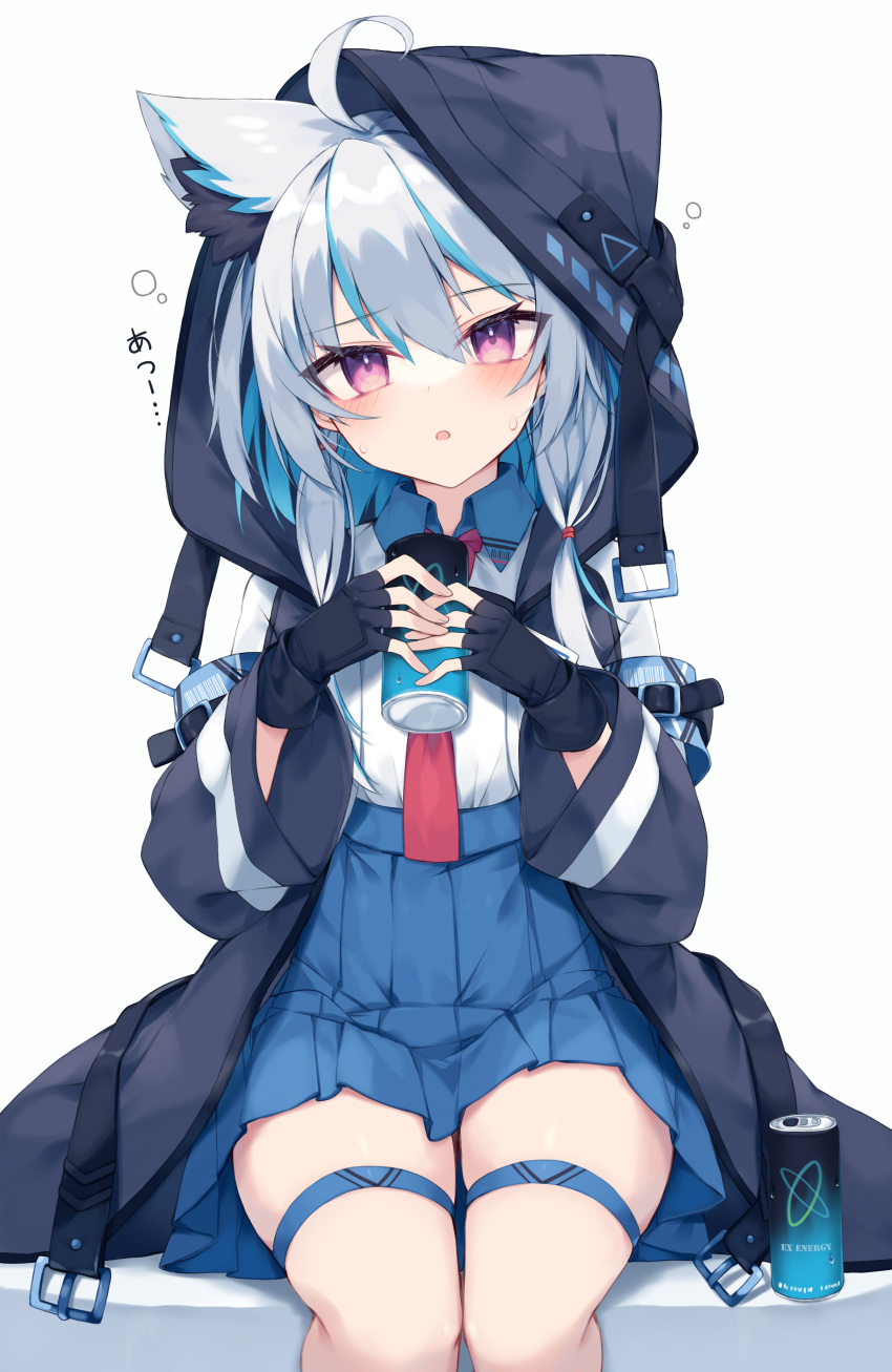 1girl absurdres ahoge animal_ear_fluff animal_ears bangs black_gloves black_jacket blue_hair blue_skirt blush can collared_shirt commentary_request feet_out_of_frame fingerless_gloves gloves grey_hair hair_between_eyes highres holding holding_can hood hood_up hooded_jacket jacket long_hair long_sleeves multicolored_hair necktie nibiiro_shizuka open_clothes open_jacket original parted_lips pleated_skirt purple_eyes red_necktie shirt simple_background sitting skirt solo streaked_hair sweat translated two-tone_hair white_background white_shirt wide_sleeves