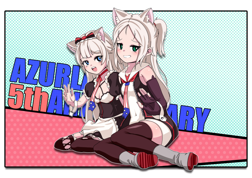 2girls absurdres american_flag_neckwear animal_ear_fluff animal_ears apron azur_lane bangs black_thighhighs black_vest blue_eyes boots breasts cat_ears cleavage commentary_request covered_navel dedorudy detached_sleeves english_text fingerless_gloves forehead frilled_apron frills gloves green_eyes grin hammann_(azur_lane) highres juliet_sleeves long_sleeves looking_at_viewer maid multiple_girls necktie open_mouth parted_bangs puffy_short_sleeves puffy_sleeves sailor_collar short_sleeves siblings sims_(azur_lane) sisters sitting small_breasts smile thighhighs vest waist_apron wariza white_apron white_hair wrist_cuffs yokozuwari zipper