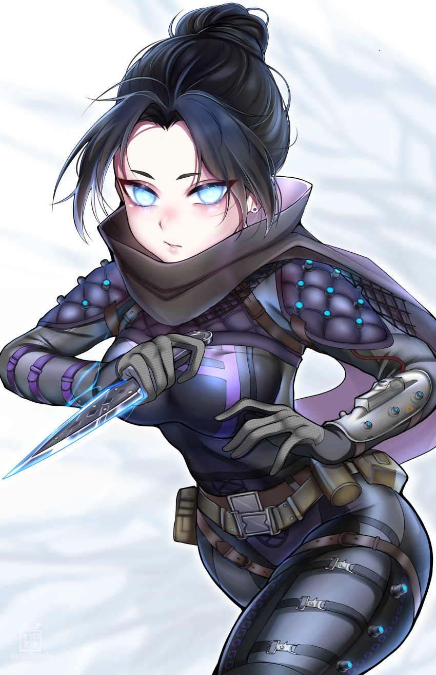 1girl absurdres apex_legends bangs belt black_bodysuit black_hair black_scarf blue_eyes blue_pupils blush bodysuit breasts brown_belt hair_bun highres holding holding_knife knife kunai looking_at_viewer medium_breasts necrotenshi open_hand parted_bangs parted_lips scarf solo weapon wraith's_kunai wraith_(apex_legends)