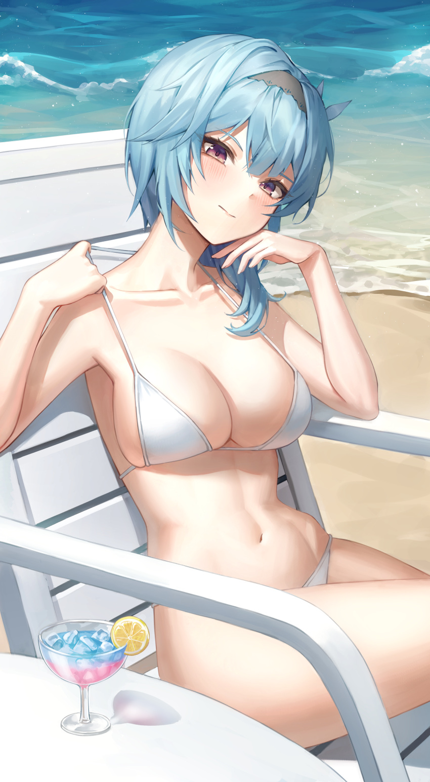 1girl absurdres alternate_costume aqua_hair armpits asymmetrical_hair bare_arms bare_shoulders beach beach_chair bikini black_hairband blush breasts brown_eyes cheek_rest cleavage closed_mouth collarbone crossed_legs cup day eula_(genshin_impact) genshin_impact gradient_eyes hair_ornament hairband halter_top halterneck hand_on_own_face hands_up head_tilt highres large_breasts multicolored_eyes navel ocean outdoors pul_(gks569) short_hair sidelocks sitting skindentation solo stomach strap_gap strap_pull string_bikini sunlight swimsuit table thighs tropical_drink white_bikini