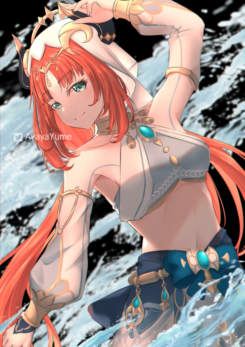 1girl absurdres aqua_eyes arm_up bangs bare_shoulders blue_skirt bodypaint breasts brooch commentary cowboy_shot crop_top detached_sleeves genshin_impact highres horns jewelry long_hair long_sleeves looking_at_viewer medium_breasts midriff navel nilou_(genshin_impact) red_hair sinyamato96 skirt smile solo standing stomach veil very_long_hair water