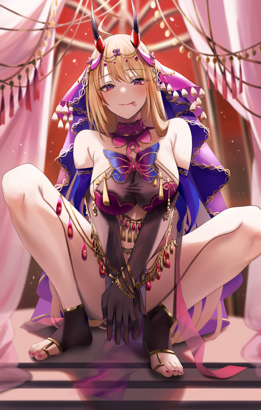 1girl arabian_clothes azur_lane blonde_hair bug butterfly butterfly_ornament chain covering covering_crotch curtains dancer gold_chain hair_ornament harem_outfit highres horns jewelry kumano_(azur_lane) kumano_(one_thousand_and_one_nights'_wishes)_(azur_lane) nail_polish nicky_w official_alternate_costume oni_horns pelvic_curtain purple_butterfly red_eyes squatting toeless_footwear tongue tongue_out veil