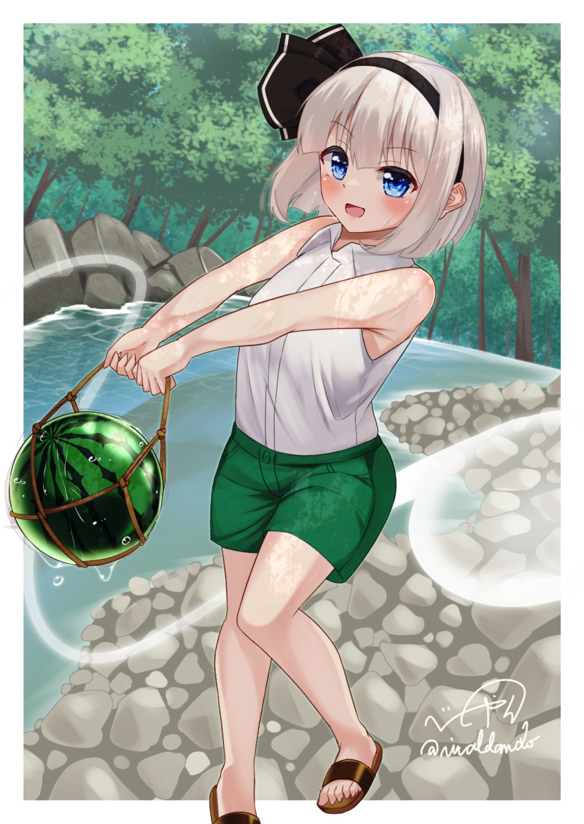 1girl :d bare_arms black_hairband blue_eyes food fruit green_shorts hairband highres konpaku_youmu konpaku_youmu_(ghost) net open_mouth outdoors rital sandals short_hair shorts smile solo touhou tree watermelon