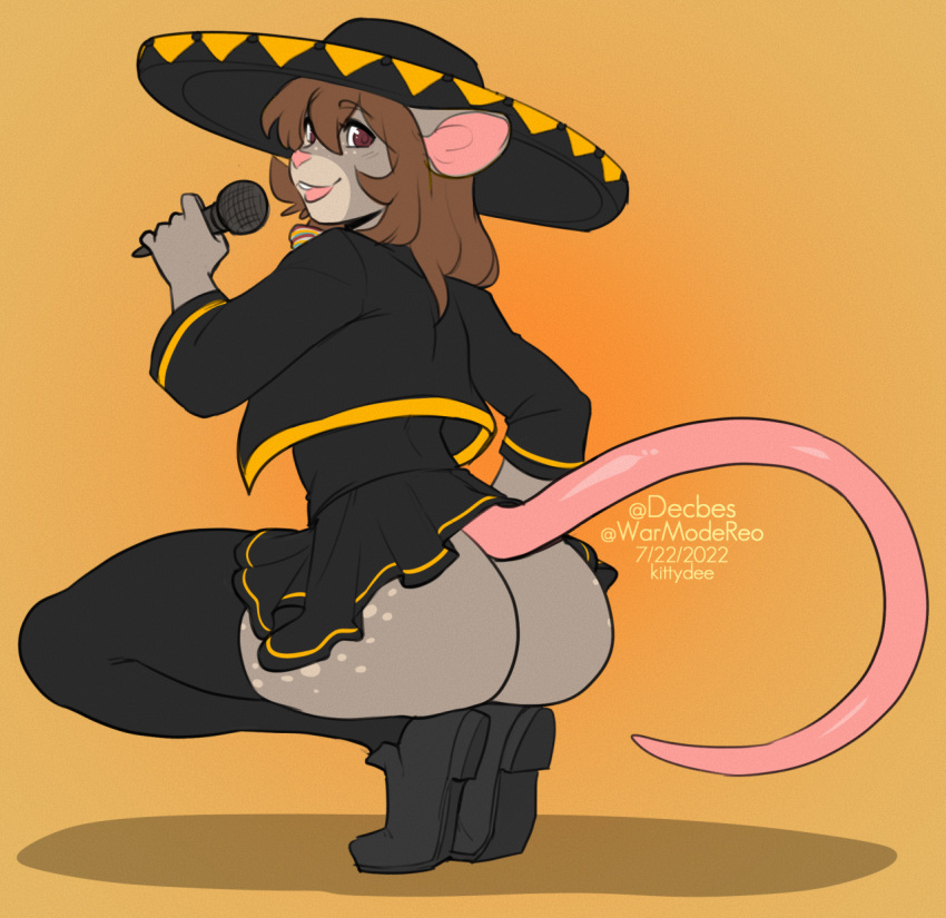 2022 5_fingers anthro brown_eyes brown_hair bubble_butt butt clothed clothing crossdressing digital_media_(artwork) exposed_butt fingers footwear girly hair hi_res kittydee legwear male mammal miles_(friendly_skelly) mouse murid murine open_mouth rodent smile solo thigh_highs tongue