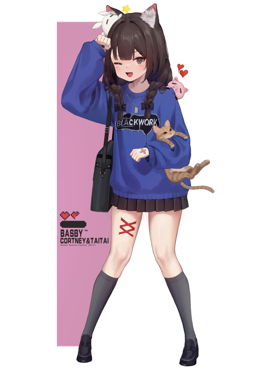 1girl ;d absurdres animal animal_ear_fluff animal_ears animal_hug arm_up bag black_footwear black_hair black_skirt blue_sweater blush braid brown_eyes cat clothes_writing commentary_request full_body hair_ornament hair_over_shoulder hairclip heart highres loafers long_hair long_sleeves low_twintails one_eye_closed original paw_pose piercing pig pink_background pleated_skirt puffy_long_sleeves puffy_sleeves shoes shoulder_bag skirt sleeves_past_wrists smile socks solo standing sweater taitai tongue_piercing twin_braids twintails two-tone_background white_background