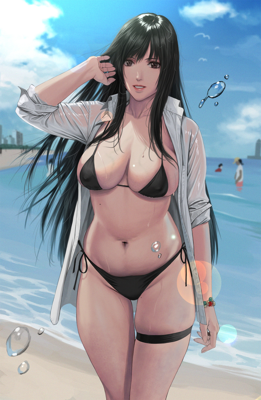 1girl arm_at_side arm_up bangs beach bikini black_bikini black_hair blue_sky blurry blurry_background bracelet breasts brown_hair collared_shirt commentary_request covered_nipples day depth_of_field gantz highres jeneral jewelry lens_flare long_hair looking_at_viewer medium_breasts mole mole_on_body mole_on_thigh navel open_clothes open_shirt shimohira_reika shirt side-tie_bikini skindentation sky sleeves_rolled_up solo_focus standing swimsuit thigh_strap water white_shirt wind