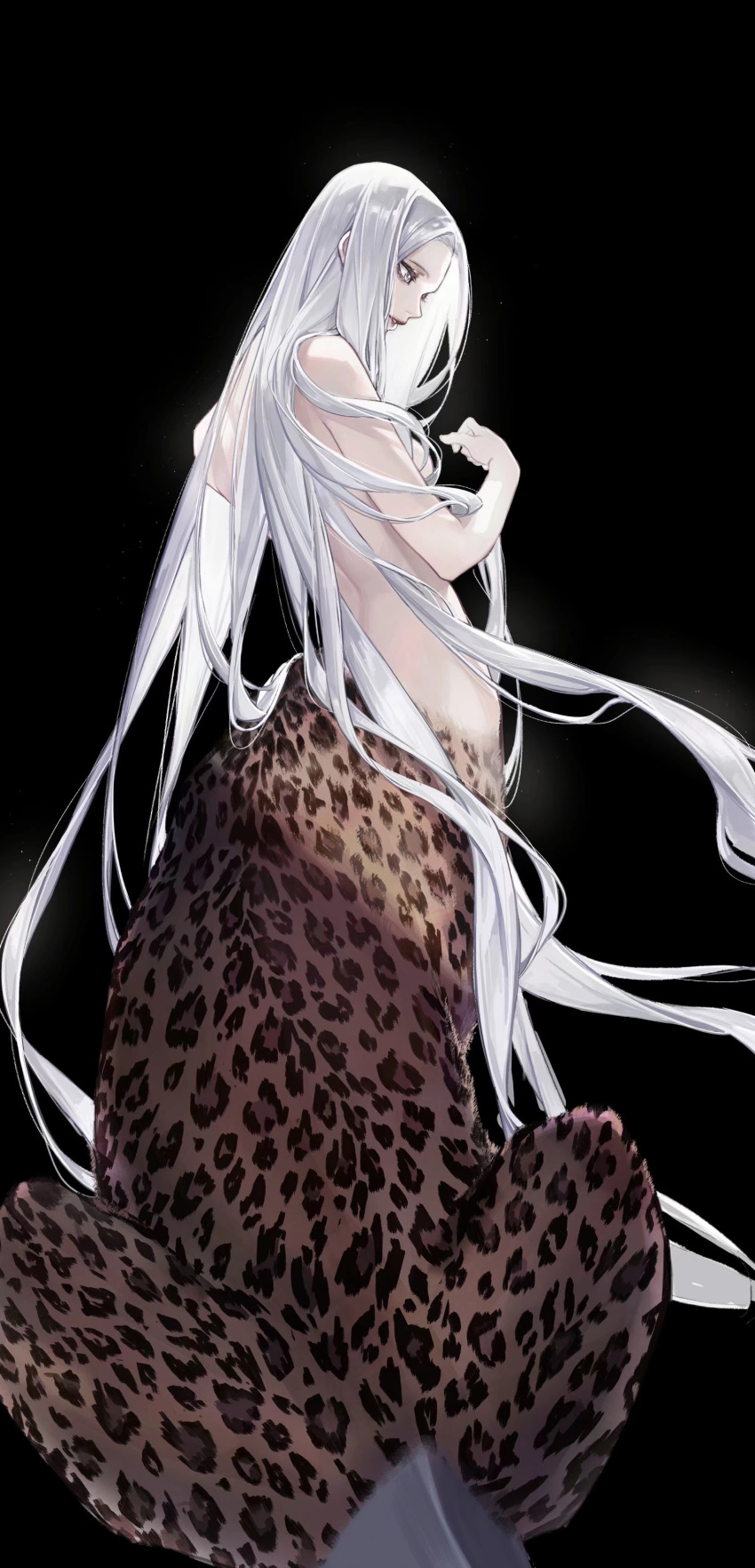 1girl absurdres bare_shoulders black_background breasts chimera eyelashes from_behind haku_sanshi hand_up highres juuni_kokuki leopard_girl lips long_hair looking_away looking_down medium_breasts monster_girl nude nyokai parted_lips profile simple_background solo straight_hair tail taur topless very_long_hair white_eyes white_hair xxlsid48