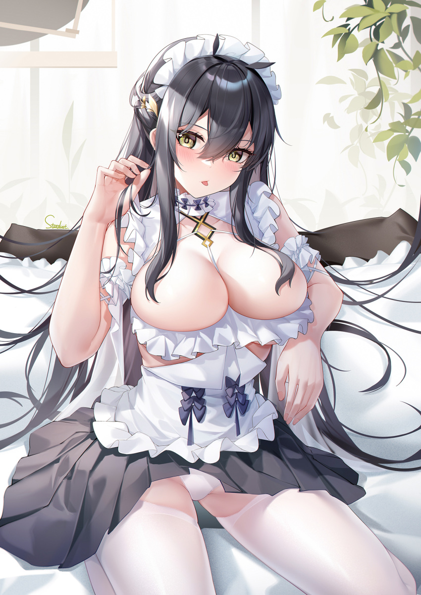 1girl :p apron arm_garter arm_rest artist_name azur_lane between_breasts black_hair black_skirt blush breasts choker cleavage crotchless crotchless_pantyhose frilled_apron frilled_choker frilled_garter frilled_hairband frills groin hair_between_eyes hairband hand_up highres holding holding_hair indomitable_(azur_lane) indomitable_(ms._motivationless_maid)_(azur_lane) indoors large_breasts long_hair maid_headdress official_alternate_costume panties pantyhose pantyshot plant pleated_skirt sidelocks sitting skirt solo stardust_(chen'ai_weiding) tongue tongue_out underwear very_long_hair white_apron white_choker white_garter white_hairband white_panties white_pantyhose yellow_eyes