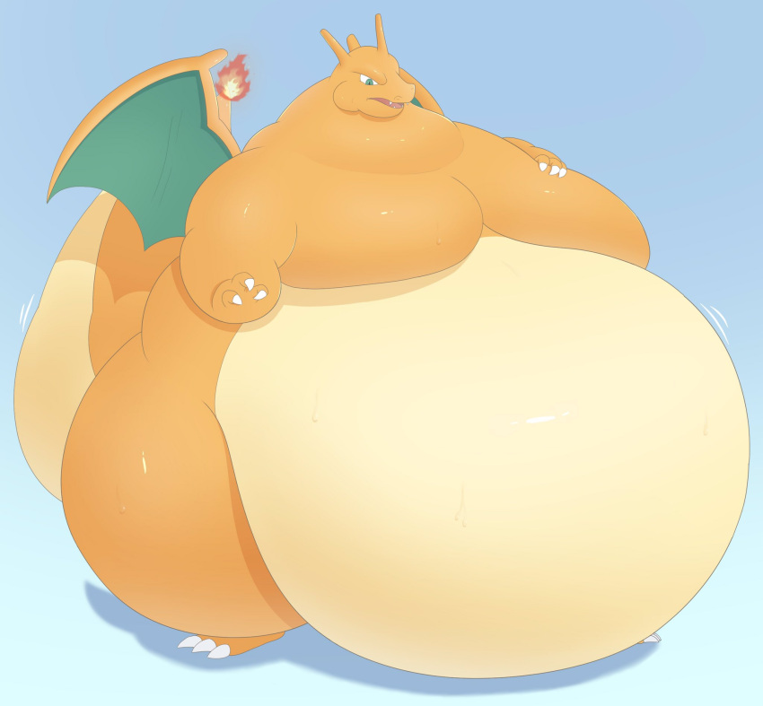 2022 ambiguous_gender belly big_belly charizard claws feral hgh_tkmt06 hi_res membrane_(anatomy) membranous_wings moobs morbidly_obese morbidly_obese_ambiguous morbidly_obese_feral motion_lines nintendo obese obese_ambiguous obese_feral overweight overweight_ambiguous overweight_feral pok&eacute;mon pok&eacute;mon_(species) simple_background solo standing video_games wings