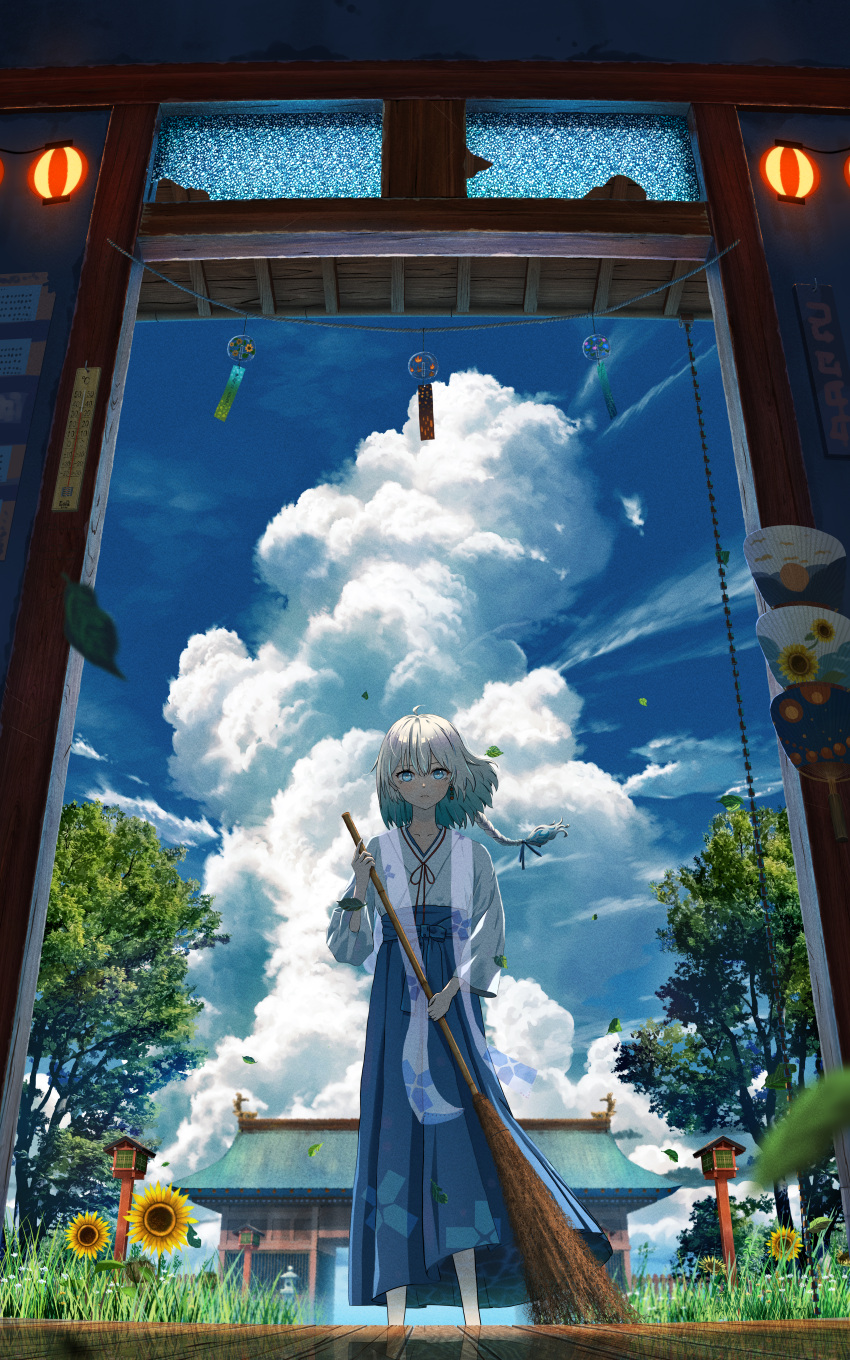 1girl absurdres architecture bangs blue_eyes blue_sky broom cloud commentary_request cumulonimbus_cloud day east_asian_architecture flower grass highres holding holding_broom looking_at_viewer original scenery short_hair shuu_illust sky solo summer sunflower white_hair