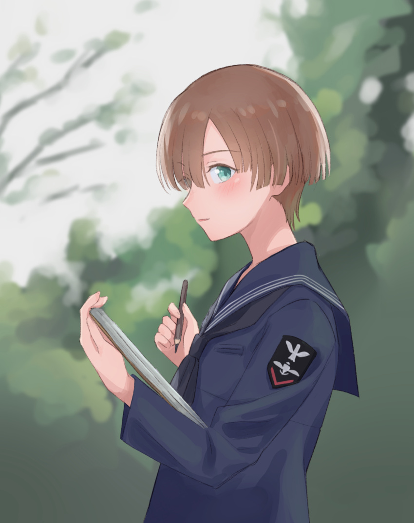 1girl blurry blurry_background blush brown_hair dress green_eyes hair_over_one_eye highres holding holding_sketchbook joanna_elizabeth_stafford long_sleeves luminous_witches neckerchief olive_gun_on_a_pigeon pencil sailor_collar sailor_dress school_uniform serafuku short_hair sketchbook solo upper_body world_witches_series