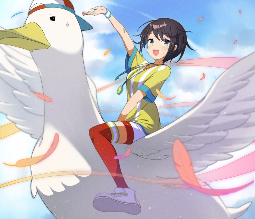 1girl absurdres aqua_eyes arm_up backwards_hat bangs baseball_cap bird breasts brown_hair duck flying from_side hat highres hololive looking_at_viewer loose_clothes loose_shirt medium_breasts oozora_subaru oversized_clothes oversized_shirt shirt shoes short_hair short_sleeves shorts sky sneakers stopwatch striped striped_shirt subaru_duck sweatband swept_bangs t-shirt thighhighs tokisaka_makoto two-tone_headwear v-neck vertical-striped_shirt vertical_stripes virtual_youtuber whistle whistle_around_neck white_footwear white_shorts wide_sleeves wristband