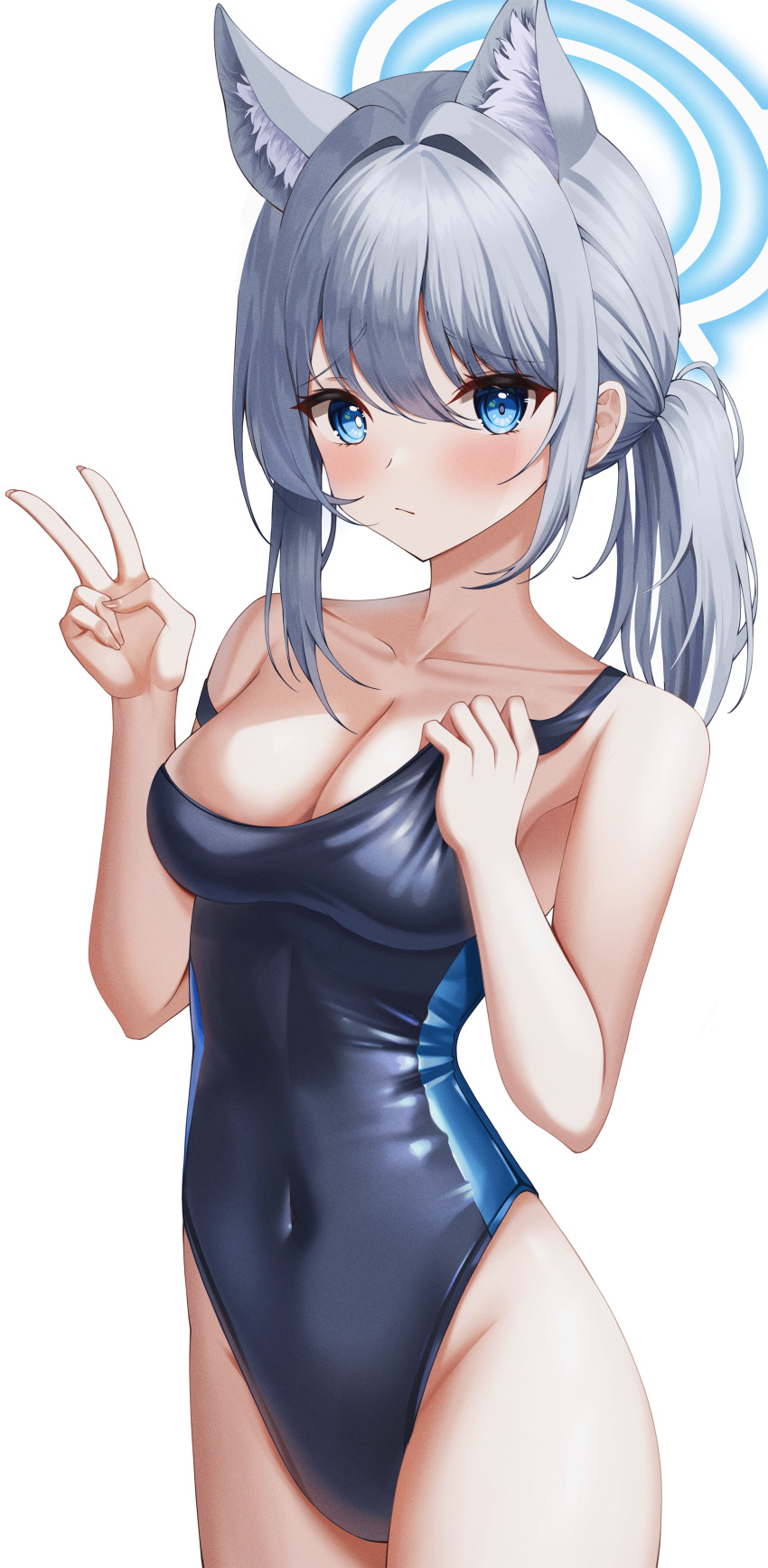 1girl absurdres animal_ear_fluff animal_ears bangs bare_arms blue_archive blue_eyes blush breasts cleavage competition_swimsuit covered_navel cowboy_shot extra_ears hair_between_eyes halo hands_up highleg highleg_swimsuit highres looking_at_viewer medium_breasts medium_hair off_shoulder one-piece_swimsuit raised_eyebrows shiroko_(blue_archive) shiroko_(swimsuit)_(blue_archive) side_ponytail simple_background siru solo swimsuit two-tone_swimsuit v white_background