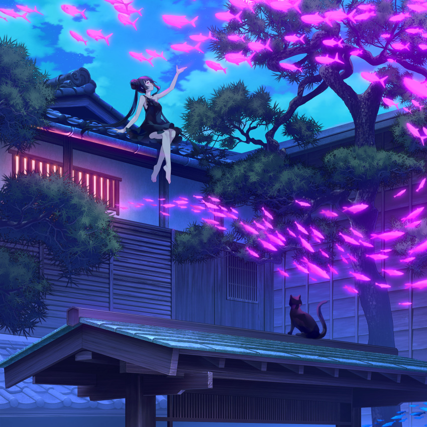 1girl architecture arm_up barefoot black_cat black_dress cat cloud commentary double_bun dress east_asian_architecture english_commentary fantasy fish flying_fish hair_bun highres kemme_dreame long_hair night night_sky original outdoors scenery sitting sitting_on_roof sky sleeveless sleeveless_dress solo tree twintails wide_shot