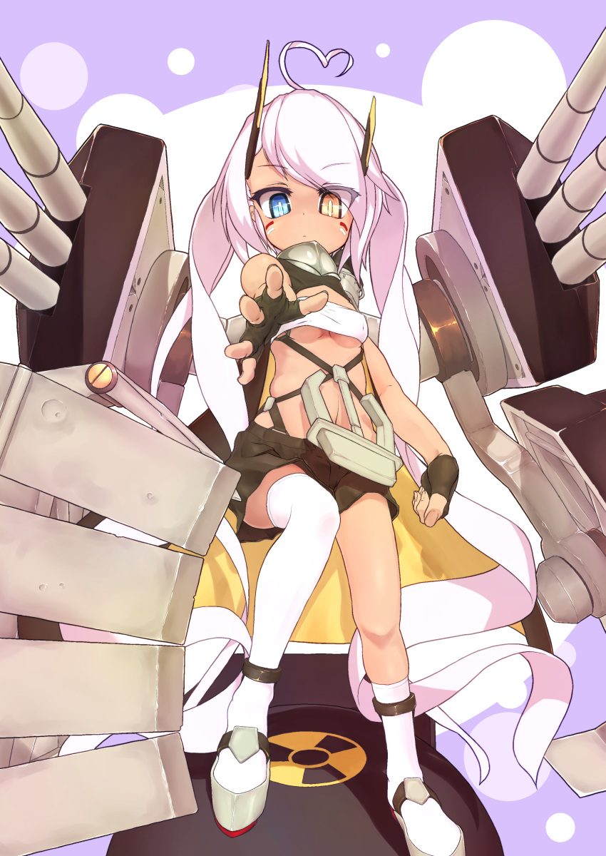 1girl absurdres ahoge asymmetrical_legwear azur_lane bangs black_gloves black_shorts blue_eyes breasts closed_mouth commentary_request dark-skinned_female dark_skin expressionless eyes_visible_through_hair facepaint fingerless_gloves full_body gloves grey_footwear heart heart_ahoge heterochromia highres horns indianapolis_(azur_lane) long_hair looking_at_viewer mechanical_arms mechanical_horns medium_breasts nuclear_weapon pink_hair pochi_colo radiation_symbol shorts solo thighhighs turtleneck twintails underboob uneven_legwear very_long_hair white_bandeau white_thighhighs yellow_eyes