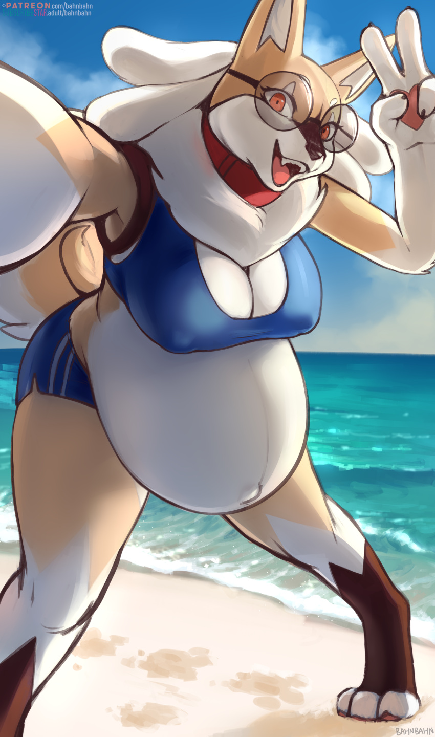 absurd_res anthro artist_name bahnbahn_(artist) beach belly big_belly big_breasts bottomwear bra breasts brown_body brown_fur canid canine canis cleavage clothed clothing collar day doggette_(bahnbahn) domestic_dog eyewear feet female fur gesture glasses hi_res hybrid looking_at_viewer lucario mammal multicolored_body multicolored_fur nintendo nipple_outline open_mouth orange_eyes outside pok&eacute;mon pok&eacute;mon_(species) pregnant seaside selfie shiba_inu shorts solo spitz sports_bra tan_body tan_fur text toes underwear url v_sign video_games white_body white_fur