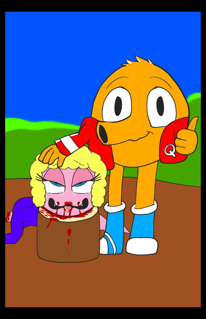 absurd_res ahegao alien blonde_hair blood blood_in_mouth blue_pupils bodily_fluids cbs_(broadcasting_company) clothing decapitated_head execution female fur gesture gore hair happy hi_res jacket looking_pleasured male male/female mammal nosebleed nosers orange_body orange_fur pink_body pupils purple_clothing purple_sweater purple_topwear q-bert red_clothing red_jacket red_topwear reptile saturday_supercade scalie snake sweater taradoggo teenager thumbs_up topwear torture viper young