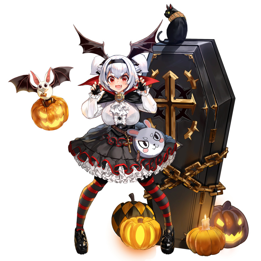 1girl :3 alvis_(last_origin) animal animal_collar bat_(animal) black_cat black_skirt blouse bra breasts candle cat chain claw_pose coffin collar cross fang fingerless_gloves frills full_body game_cg gloves gothic gothic_lolita halloween halloween_costume head_wings highres huge_breasts jack-o'-lantern last_origin lolita_fashion mr.yun official_art open_mouth oppai_loli pantyhose petticoat pose pumpkin red_eyes see-through shirt skirt smile solo straight-on striped striped_pantyhose tachi-e transparent_background two_side_up underwear vampire white_hair white_shirt